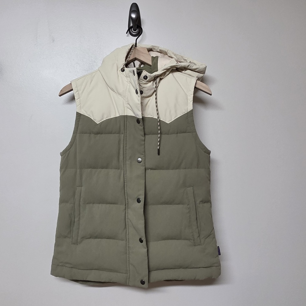 Patagonia Bivy Vest Hooded Women's Small Sage Khaki Hooded Puffer Down Canvas